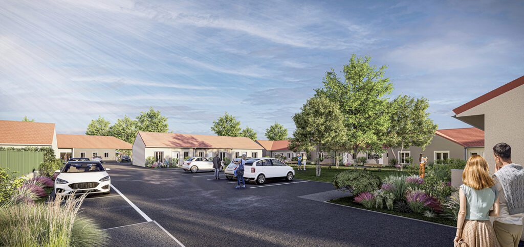 Entrée principale du village senior La Promenade Royale à Dreux avec pavillons et espaces verts