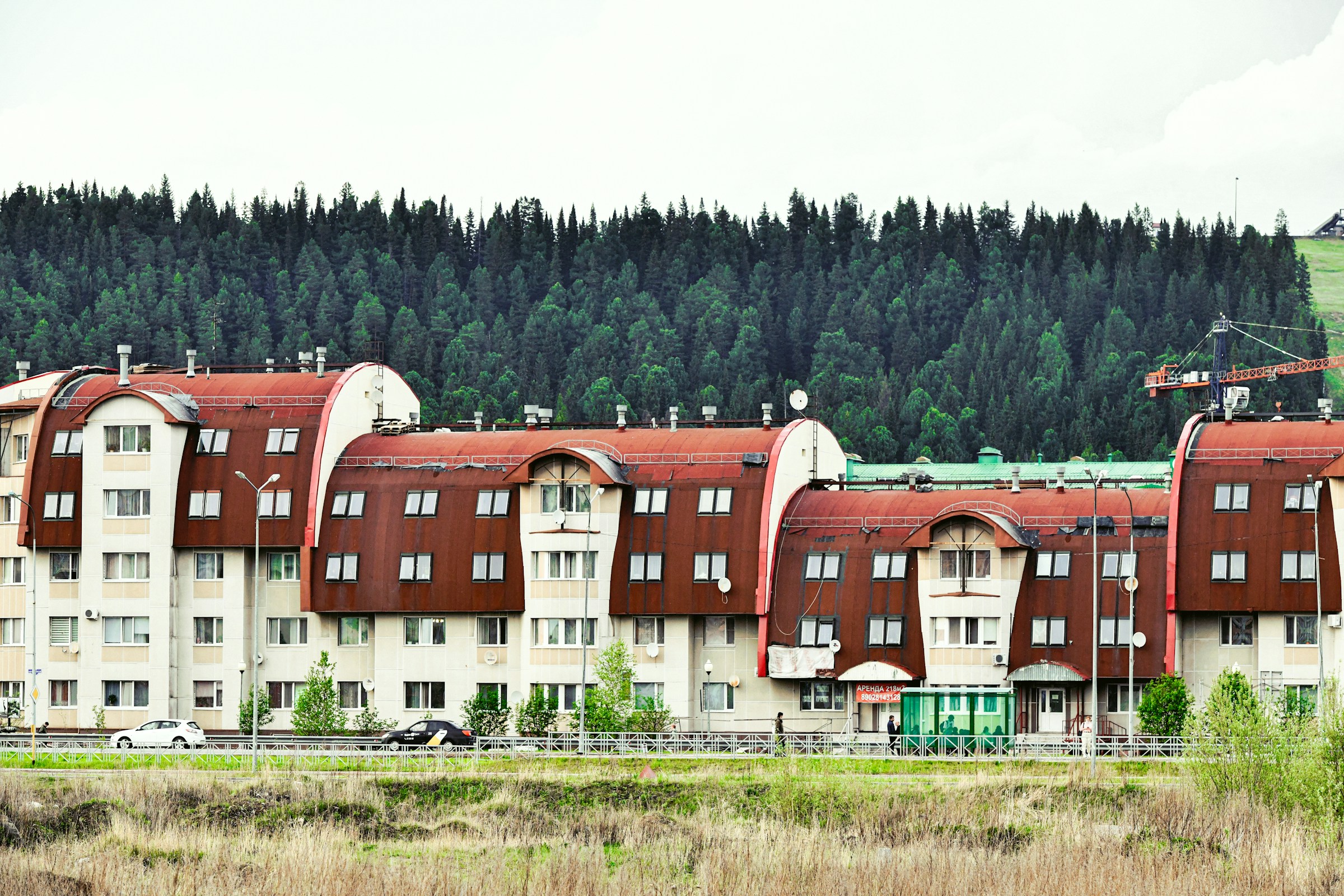 Immeubles résidentiels avec toits arrondis en zone boisée, exemple de résidence senior compatible LMNP 2025.
