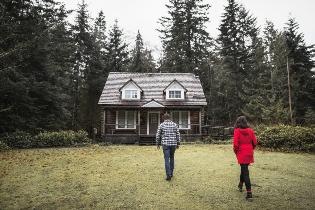 Maison en bois dans la forêt représentant une résidence secondaire en LMNP en nue-propriété